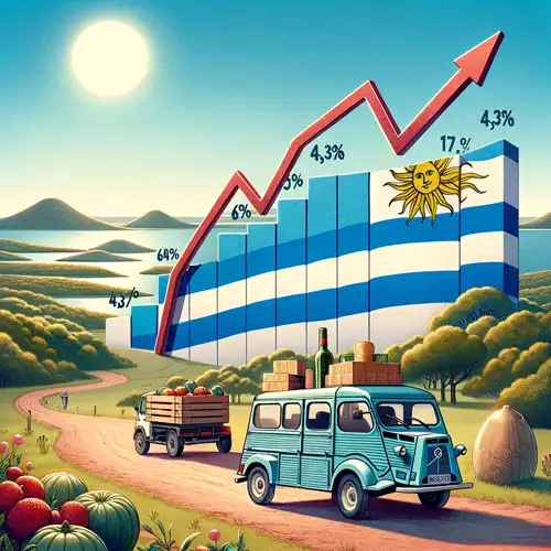 das bild stellt grafisch die sinkenden inflationsraten in uruguay dar und zeigt einen abnehmenden trend von anfang 2023 bis oktober 2023. die darstellung beinhaltet symbole, die stabilität, konsum und sinkende preise repräsentieren, eingebettet in eine stilisierte uruguayische landschaft, die eine positive stimmung vermittelt. dieses bild kann effektiv in ihrem wordpress-blogbeitrag verwendet werden, um die thematik der sinkenden inflation in uruguay zu illustrieren.