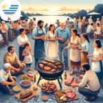 Eine Gruppe von Menschen genießt gemeinsam ein traditionelles uruguayisches Asado im Freien, umgeben von einer Atmosphäre der Gastfreundschaft und des Respekts.