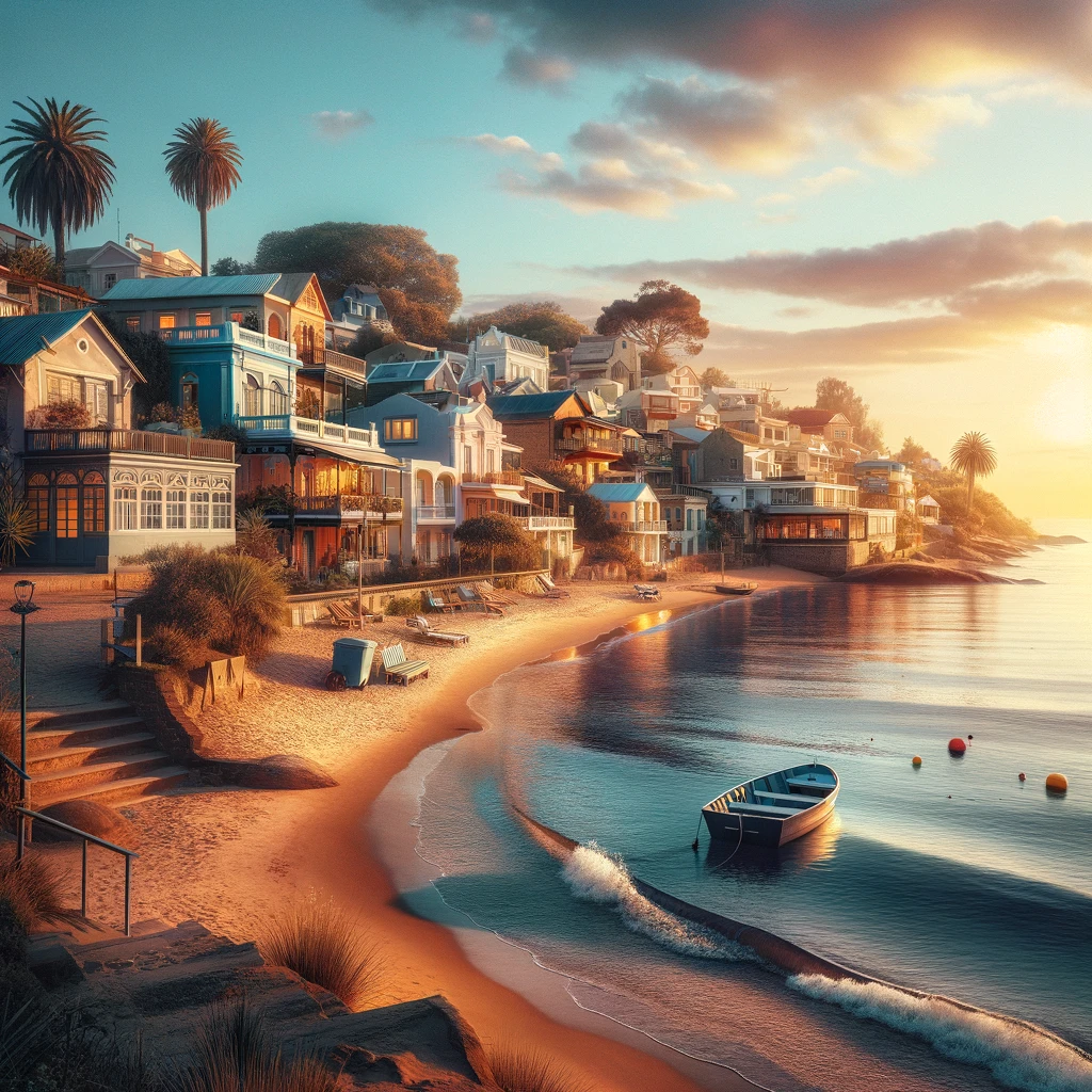 eine friedliche uruguayische küstenstadt bei sonnenuntergang, mit sanft am sandstrand schlagenden wellen des ozeans. die stadt zeichnet sich durch charmante, bunte häuser und eine malerische uferpromenade aus. palmen wiegen sich sanft im wind, und einige kleine boote liegen ruhig im wasser. diese ruhige szene verkörpert die gelassenheit und schönheit der uruguayischen küste.