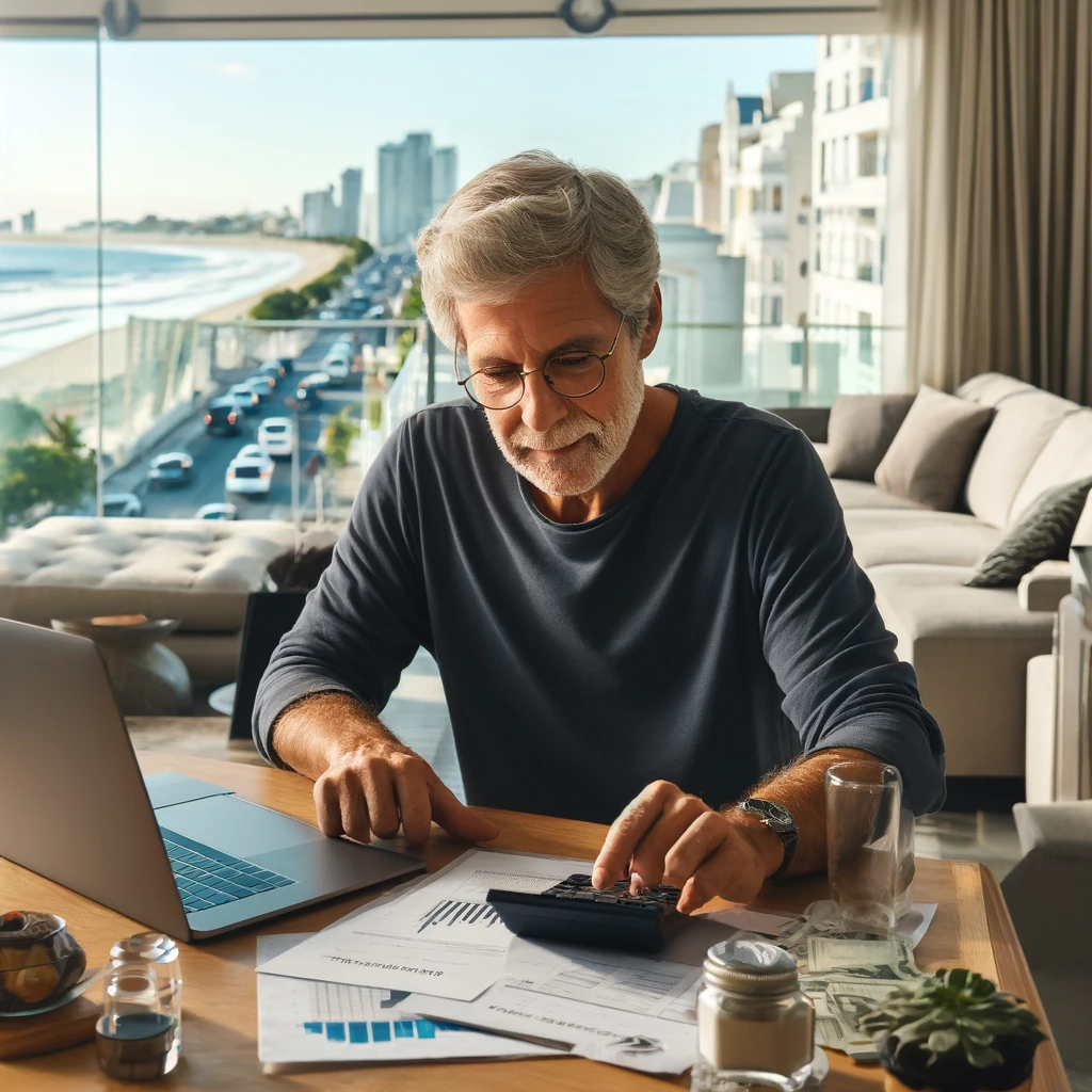 dr. mueller a 69 year old retired doctor in a cozy apartment in punta del este uruguay. the scene shows him creating a new budget at a dining table