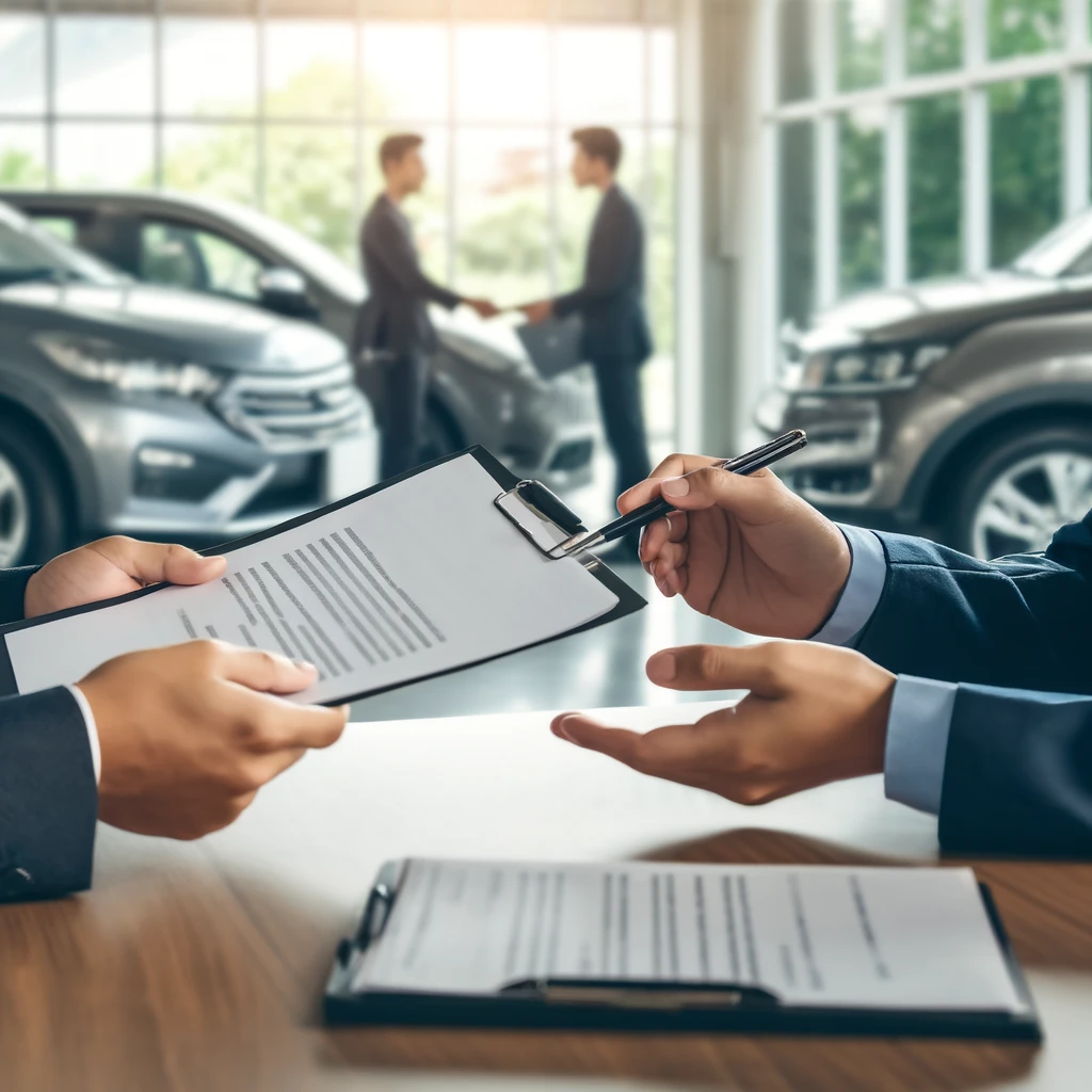 process of purchasing a vehicle showing a buyer and seller exchanging documents at a car dealership with cars 03